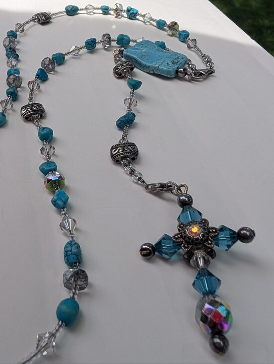 Handmade Jewelry - Vintage Rosary Necklace Turquoise & Crystal Handmade 925